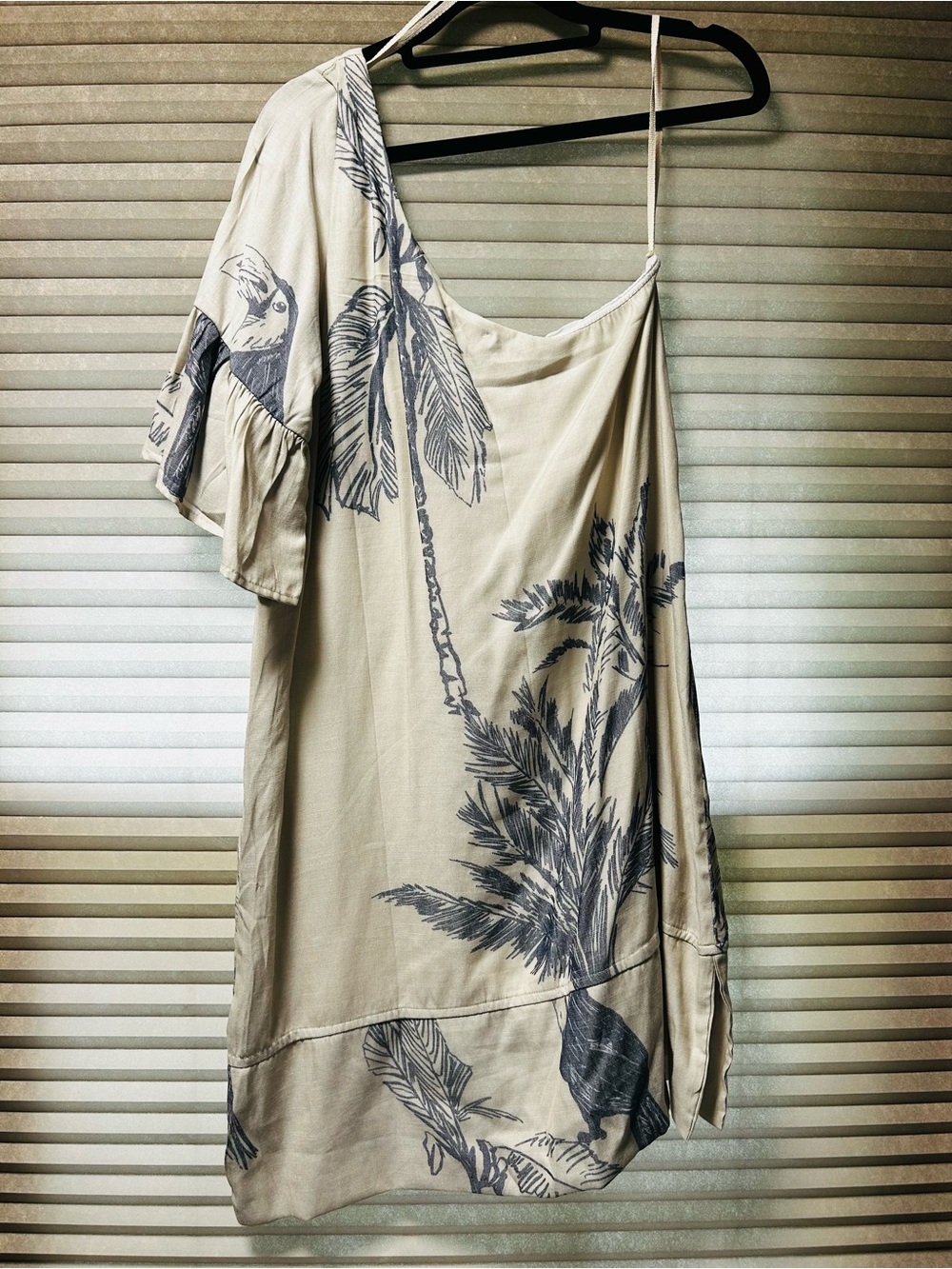 Anthropologie One-Shoulder Palm Print Dress in Cream and Gray - Picture 2 of 2
